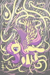 Size: 2300x3400 | Tagged: safe, artist:multiponi, fluttershy, pony, g4, calligraphy, female, graffiti, high res, missing cutie mark, solo, spread wings