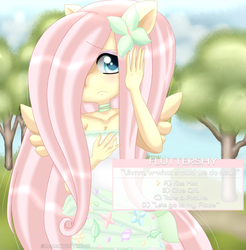Size: 800x812 | Tagged: safe, artist:bakacreationz, fluttershy, anthro, g4, dating sim, female, frown, hair over one eye, pov, solo, wings