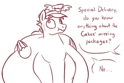 Size: 1500x1000 | Tagged: dead source, safe, artist:bigponiesinc, care package, special delivery, pegasus, pony, g4, :t, belly, bhm, bingo wings, blatant lies, dialogue, fat, hat, impossibly large belly, lineart, male, monochrome, morbidly obese, obese, offscreen character, sketch, stallion