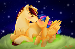 Size: 1024x663 | Tagged: safe, artist:dragonfoxgirl, artist:kianamai, color edit, edit, oc, oc only, oc:fletcher, oc:starburst, earth pony, pegasus, pony, kilalaverse, blushing, colored, female, kissing, male, mare, next generation, oc x oc, offspring, offspring shipping, parent:flash sentry, parent:twilight sparkle, parents:flashlight, shipping, stallion, straight, unshorn fetlocks