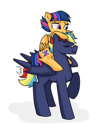 Size: 751x895 | Tagged: safe, artist:tinacrazy29, oc, oc only, oc:prism bolt, oc:starburst, pegasus, pony, kilalaverse, bandaid, bandaid on nose, female, male, mare, oc x oc, offspring, offspring shipping, parent:flash sentry, parent:rainbow dash, parent:soarin', parent:twilight sparkle, parents:flashlight, parents:soarindash, piggyback ride, ponies riding ponies, riding, shipping, stallion, story included, straight