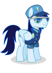 Size: 744x1052 | Tagged: safe, artist:longct18, soarin', pegasus, pony, g4, alternate hairstyle, baseball cap, clothes, hat, male, simple background, solo, stallion, sunglasses, transparent background, uniform, wonderbolts