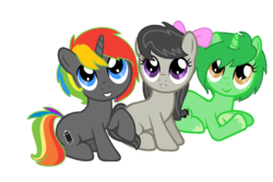 Size: 1200x800 | Tagged: safe, artist:peternators, octavia melody, oc, unnamed oc, earth pony, unicorn, g4, colt, female, filly, foal, horn, male, ms paint, multicolored hair, rainbow hair, smiling, trio, wip, younger