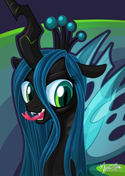 Size: 955x1351 | Tagged: safe, artist:mysticalpha, queen chrysalis, changeling, changeling queen, g4, bust, crown, female, jewelry, looking at you, open mouth, regalia, solo, tongue out