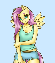 Size: 3937x4528 | Tagged: safe, artist:pitchyy, fluttershy, anthro, g4, cleavage, clothes, female, midriff, solo, tank top