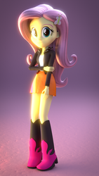 Size: 864x1536 | Tagged: safe, artist:creatorofpony, fluttershy, sunset shimmer, series:humane six in sunset shimmer's clothes, equestria girls, g4, 3d, 3d model, blender, boots, boots swap, clothes, clothes swap, female, jacket, leather jacket, skirt, solo, sunset shimmer's boots, sunset shimmer's clothes, sunset shimmer's jacket, sunset shimmer's shirt, sunset shimmer's skirt