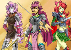 Size: 4092x2893 | Tagged: safe, artist:zakurarain, apple bloom, scootaloo, sweetie belle, earth pony, anthro, g4, armor, armor skirt, clothes, cutie mark crusaders, human facial structure, sword, trio