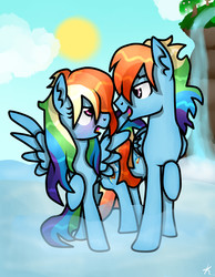 Size: 1400x1800 | Tagged: safe, artist:monnarcha, rainbow dash, pony, g4, duo, female, male, rainbow blitz, rule 63, self ponidox, selfcest, ship:dashblitz, shipping, straight, tsunderainbow, tsundere