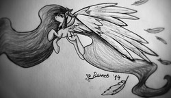 Size: 3200x1824 | Tagged: safe, artist:ressetkk, oc, oc only, oc:lanteria, pegasus, pony, black and white, bored, female, flying, grayscale, mare, monochrome, photo, solo, wings