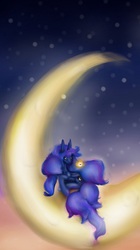 Size: 1078x1920 | Tagged: safe, artist:kittysplasher, princess luna, firefly (insect), g4, female, looking at something, moon, prone, solo, tangible heavenly object