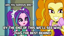 Size: 1024x572 | Tagged: safe, edit, edited screencap, screencap, adagio dazzle, aria blaze, equestria girls, g4, my little pony equestria girls: rainbow rocks, are you serious, caption, competition, female, humor, meme, silly, text, the dazzlings