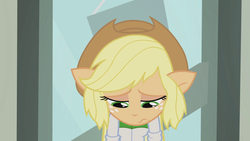 Size: 1280x720 | Tagged: safe, screencap, applejack, a case for the bass, equestria girls, g4, cute, floppy ears, jackabetes, ponied up, pony ears, sad, unhapplejack