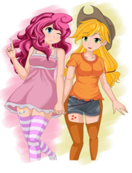 Size: 1600x2100 | Tagged: safe, artist:dannyroos, artist:dannysoarin, applejack, pinkie pie, human, g4, chaps, clothes, dress, female, humanized, lesbian, ship:applepie, shipping, simple background, socks, striped socks, thigh highs, transparent background, wink