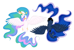 Size: 2969x2020 | Tagged: safe, artist:pvrii, princess celestia, princess luna, alicorn, pony, g4, both cutie marks, eyes closed, female, high res, mare, simple background, spread wings, transparent background