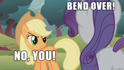 Size: 610x343 | Tagged: safe, edit, edited screencap, screencap, applejack, rarity, g4, bend over, caption, female, image macro, meme