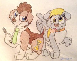 Size: 1024x820 | Tagged: safe, artist:silversimba01, derpy hooves, doctor whooves, time turner, dog, g4, collar, doctor who, dogified, sonic screwdriver, species swap, traditional art, winged dog
