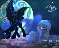 Size: 1100x890 | Tagged: safe, artist:bluse, nightmare moon, princess luna, pony, g4, chained, earth, female, filly, filly luna, floppy ears, helmet, moon, nightmare moon armor, on the moon, sad, show accurate, sitting, woona, younger
