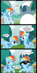 Size: 635x1257 | Tagged: dead source, safe, artist:veggie55, rainbow dash, pegasus, pony, g4, artifact, comic, ego, female, mare, narcissism, self ponidox, sunglasses, this will end in timeline distortion, time paradox, time travel, was there ever any doubt?