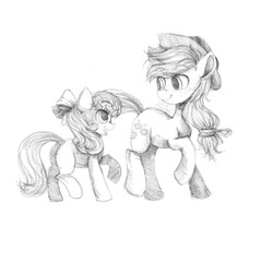 Size: 500x500 | Tagged: dead source, safe, artist:art-by-flier, apple bloom, applejack, g4, monochrome, traditional art