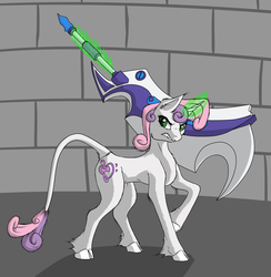 Size: 4719x4828 | Tagged: safe, artist:annonymouse, sweetie belle, classical unicorn, g4, absurd resolution, female, horn, leonine tail, magic, older, solo, weapon