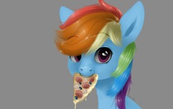 Size: 500x316 | Tagged: dead source, safe, artist:art-by-flier, rainbow dash, pegasus, pony, g4, bust, female, gray background, looking at you, mare, mouth hold, pizza, portrait, simple background, solo