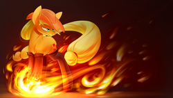 Size: 1920x1080 | Tagged: safe, artist:underpable, part of a set, applejack, earth pony, pony, g4, bioshock, bioshock infinite, crossover, dark background, devil's kiss, female, fire, fireproof boots, incinerate!, mare, plasmid, pyrokinesis, simple background, solo, vigor, wallpaper