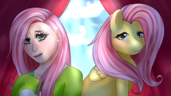 Size: 1000x563 | Tagged: safe, artist:lady-darkdragon, fluttershy, human, g4, female, human ponidox, humanized, solo