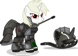 Size: 1024x744 | Tagged: safe, artist:vector-brony, oc, oc only, oc:appletart longshot, pony, unicorn, fallout equestria, fallout equestria: broken steel, albino, angry, armor, helmet, power armor, powered exoskeleton, simple background, sniper, steel ranger, transparent background