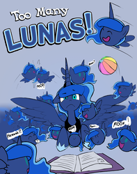 Size: 1150x1463 | Tagged: safe, alternate version, artist:darkflame75, princess luna, alicorn, pony, lunadoodle, :3, :>, :d, :o, ball, beach ball, blob, blob ponies, book, calendar of lunas, cuddling, cute, eye twitch, eyes closed, female, floppy ears, flying, frown, happy, huzzah, looking at you, lunabetes, lying down, mare, moon, multeity, nom, open mouth, prone, self ponidox, smiling, snuggling, spread wings, sugarcube, too many lunas, too many ponies, weapons-grade cute, wide eyes, wings