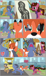 Size: 2000x3299 | Tagged: safe, artist:mlp-silver-quill, oc, oc only, oc:clutterstep, oc:doodle draw, oc:freckle, earth pony, fox, pony, unicorn, comic:imani, bell, biting, boltston, butt, comic, female, high res, male, mare, pain, plot, sketch, stallion, tail, taxi