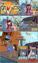 Size: 2000x3301 | Tagged: safe, artist:mlp-silver-quill, crafty crate, princess celestia, oc, oc:clutterstep, oc:doodle draw, oc:freckle, earth pony, pony, unicorn, comic:imani, g4, bell, blushing, clothes, comic, crane, cutie mark, cutlass, docks, female, high res, jewels, male, mare, pirate, police, ponified, sara bellum, scarf, ship, shrunken pupils, smoke, stallion, sword, taxi, the mayor, the powerpuff girls, weapon, wide eyes