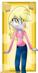 Size: 1000x1900 | Tagged: safe, artist:vixelzf, derpy hooves, equestria girls, g4, blushing, female, muffin, solo