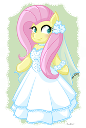 Size: 1174x1748 | Tagged: safe, artist:mea0113, fluttershy, pony, g4, bipedal, clothes, dress, female, solo, wedding dress