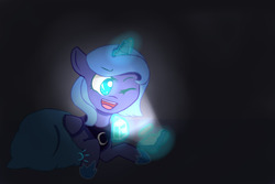 Size: 600x400 | Tagged: safe, artist:lunarskymagic, princess luna, g4, :d, blanket, cute, female, filly, gamer woona, magic, prone, solo, telekinesis, wink, woona