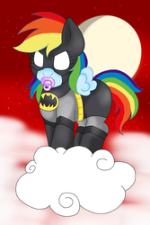 Size: 1064x1596 | Tagged: safe, artist:blackbewhite2k7, rainbow dash, pony, g4, age regression, baby, baby pony, batman, cloud, cloudy, crossover, cute, pacifier, younger