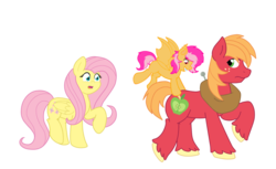 Size: 1280x784 | Tagged: safe, artist:dreamy-tommy, big macintosh, fluttershy, oc, bat pony, earth pony, pegasus, pony, g4, bat pony oc, concerned, family, fangs, father and child, father and daughter, female, filly, foal, looking back, male, mare, offspring, parent:big macintosh, parent:fluttershy, parents:fluttermac, ship:fluttermac, shipping, simple background, stallion, straight, transparent background