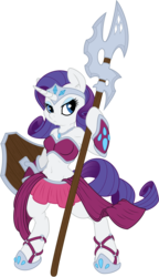 Size: 7222x12500 | Tagged: safe, artist:dfectivedvice, artist:sirhcx, rarity, anthro, g4, absurd resolution, arm hooves, bandeau, belly button, breasts, clothes, female, halberd, midriff, shield, simple background, skirt, solo, transparent background, unconvincing armor, vector, weapon
