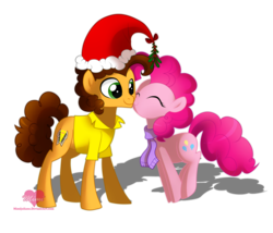 Size: 3500x3000 | Tagged: safe, artist:mimijuliane, cheese sandwich, pinkie pie, earth pony, pony, g4, christmas, clothes, eyes closed, female, hat, high res, holiday, holly, holly mistaken for mistletoe, kissing, male, mistleholly, mistletoe, santa hat, scarf, ship:cheesepie, shipping, simple background, straight, transparent background