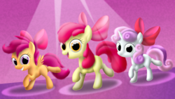 Size: 2800x1575 | Tagged: dead source, safe, artist:dcencia, apple bloom, scootaloo, sweetie belle, g4, somepony to watch over me, cutie mark crusaders, hair bow, scene interpretation