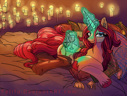 Size: 899x680 | Tagged: safe, artist:felifu, oc, oc only, oc:dreamy brush, bed, candle, clothes, drink, earring, magic, socks, solo, telekinesis, unshorn fetlocks