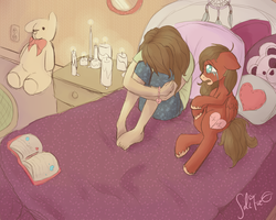 Size: 1280x1024 | Tagged: safe, artist:felifu, oc, oc only, human, bed, candle, crying, teddy bear, unshorn fetlocks