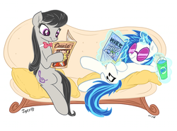 Size: 905x668 | Tagged: safe, artist:jowyb, dj pon-3, octavia melody, vinyl scratch, g4, couch, drink, levitation, magazine, magic, pillow, reading, telekinesis