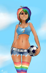 Size: 1200x1902 | Tagged: safe, artist:drizziedoodles, rainbow dash, human, g4, belly button, clothes, female, humanized, midriff, solo, stockings