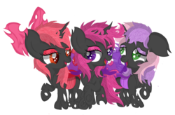 Size: 3800x2500 | Tagged: safe, artist:law44444, apple bloom, scootaloo, sweetie belle, changeling, g4, changeling crusaders, changelingified, cutie mark crusaders, high res, pink changeling, purple changeling, raised hoof, red changeling, scootaling, simple background, species swap, transparent background, trio