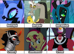 Size: 496x364 | Tagged: safe, discord, king sombra, lord tirek, nightmare moon, queen chrysalis, sunset shimmer, pony, g4, antagonist, elements of harmony
