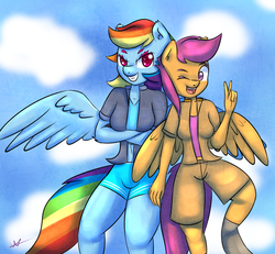 Size: 1300x1200 | Tagged: safe, artist:wolfy-pony, rainbow dash, scootaloo, anthro, g4, older, peace sign