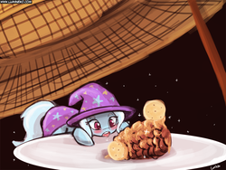 Size: 960x720 | Tagged: safe, artist:lumineko, trixie, pony, unicorn, g4, 30 minute art challenge, bait, blushing, crossing the memes, cute, diatrixes, drool, eyes on the prize, female, mare, meme, micro, open mouth, peanut butter crackers, pinecone, plate, solo, that pony sure does love peanut butter crackers, tiny ponies, tongue out, trap (device), trixie eating pinecones