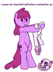 Size: 463x626 | Tagged: safe, artist:php199, edit, berry punch, berryshine, sweetie belle, earth pony, pony, g4, artifact, bipedal, blatant lies, dumb head, headless, modular, simple background