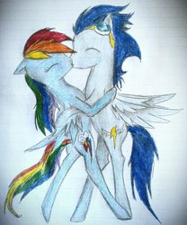 Size: 815x981 | Tagged: safe, artist:pba-anime-freak, rainbow dash, soarin', g4, female, kissing, lined paper, male, old cutie mark, ship:soarindash, shipping, straight, traditional art