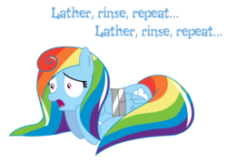 Size: 2302x1646 | Tagged: safe, artist:vincentthecrow, rainbow dash, pegasus, pony, g4, alternate hairstyle, bound wings, broken, context is for the weak, duct tape, fear, female, fetal position, horrified, madness, open mouth, prone, rainbow dash always dresses in style, rainbow dash always grooms in style, scared, shiny, shiny pony, simple background, solo, torture, transparent background, vtc's wacky vectors, wide eyes